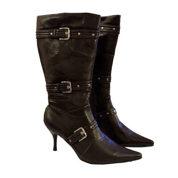 NEW Itali Collection Tall Boots Sz 10 Black Stiletto Buckles Vegan Leather Y2K - Picture 1 of 16